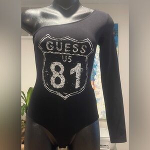 Guess Black Logo One Long Sleeve Bodysuit, Size Medium